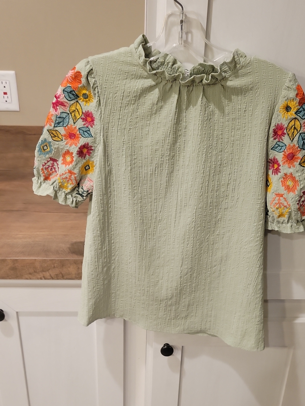 SHEIN Sage Green Ruffle Neck Top with Multicolor Floral Embroidered Sleeves